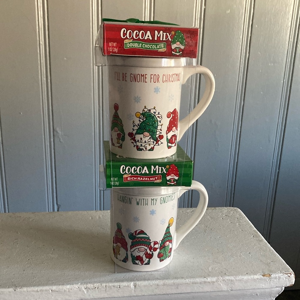 NWT- 2 Double Sided Gnome Mugs & Hot Cocoa- Double Chocolate & Hazelnut Tower